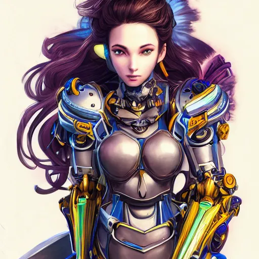 Image similar to studio portrait of lawful good colorful female holy mecha paladin absurdly beautiful, elegant, young sensual graceful woman, ultrafine hyperrealistic detailed face illustration by kim jung gi, irakli nadar, intricate linework, sharp focus, bright colors, matte, octopath traveler, final fantasy, unreal engine highly rendered, global illumination, radiant light, intricate environment