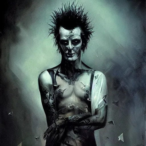 Image similar to stunning portrait of gaunt sid vicious a ( the cure fan ) as dream from sandman, dim stars as eyes, by jeremy mann, by cedric peyravernay, by by russ mills, by richard avedon and ben templesmith, dramatic lightning, sadness, dark eye sockets, in the shadows, punk rock, gothic, high detailed, 8 k