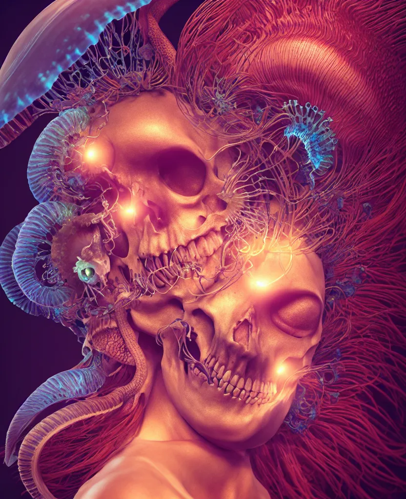 Image similar to goddess close-up portrait animal skull. jellyfish phoenix head, nautilus, orchid, skull, betta fish, bioluminiscent creatures, intricate artwork by Tooth Wu and wlop and beeple. octane render, trending on artstation, greg rutkowski very coherent symmetrical artwork. cinematic, hyper realism, high detail, octane render, 8k