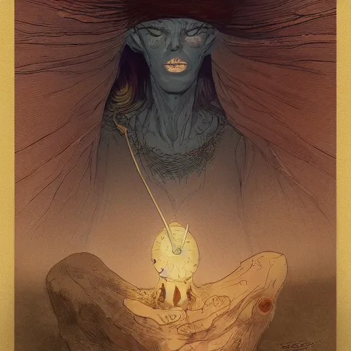 Image similar to eyeless watcher, dutiful return, golden age seraph bunkers, art by Mœbius and Esao Andrews, high detail, cinematic, cgsociety 8k