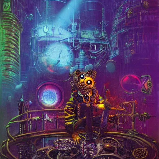 Image similar to steampunk rat, acid, 303, psychedelic, by paul lehr