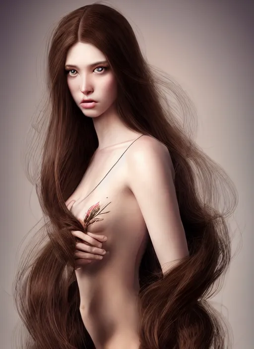 Image similar to a gorgeous female with long brown hair, photo by tim walker, realistic, full body shot, wide angle, sharp focus, 8 k high definition, insanely detailed, intricate, elegant, art by stanley lau and artgerm, floating embers