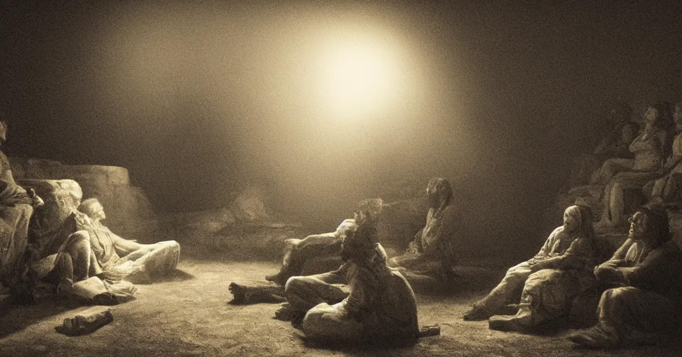 Prompt: human beings sit in the cinema and watch reflections of their lives on screen of life illusion, projecting by volumetric light of consciousness, realistic, deep sense of spirituality, visual plasticity, unreal engine quality, raytracing, vray shading, style of jean - francois millet