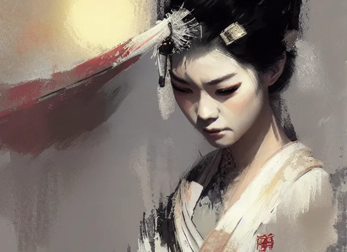 Image similar to female geisha girl, beautiful face, intricate outfit, spotlight, by greg rutkowski, by jeremy mann, digital painting