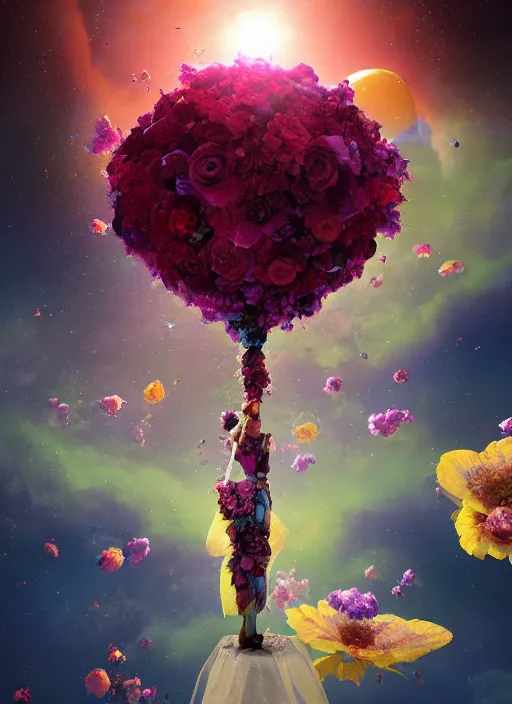 Image similar to An epic fantastic realism comic book style painting of the most beautiful flowers launched into space, bouquets, solar eclipse, fisheye, unreal 5, DAZ, hyperrealistic, octane render, dynamic lighting