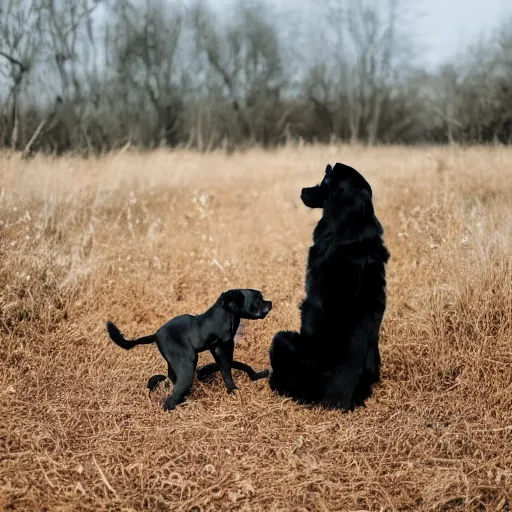 Image similar to a black dog holding a small woman