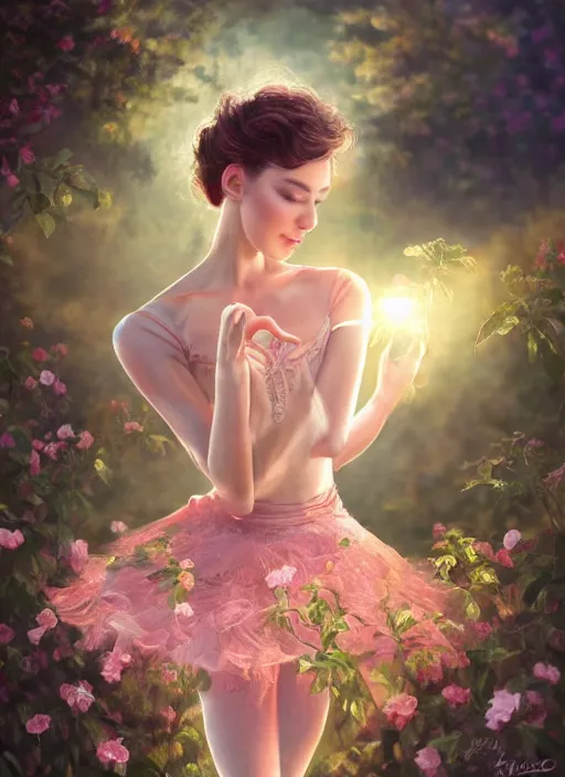 Image similar to stunningly beautiful face, prima ballerina in rose garden, symmetrical face, tutu, golden hour, smooth, focus, highly detailed, hyper realistic, ray tracing, dramatic lighting, elegant, intricate, concept art, art by wlop, mars ravelo, greg rutowski, artstation