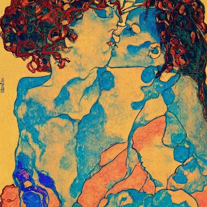 Prompt: close portrait of woman and man kissing. aurora borealis. iridescent, psychedelic lapis - lazuli, turquoise colors. painting by egon schiele, agnes pelton, utamaro, monet