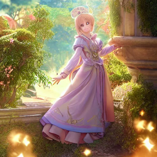 Image similar to a very detailed, ultra-realistic, pleasant, beautiful, funny, smooth 3D CG render, semirealistic anime style, close-up of a gorgeous, cute, gentle, noble priestess magician princess girl wearing dress and jewelry, in a glorious magic kingdom with castle and walls, relaxing calm vibes, fairytale, octane render