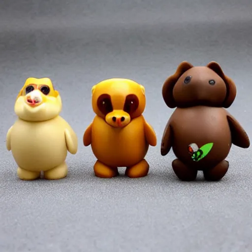 Image similar to some cute plastic toys that look like animal that are dressed as other animal characters, forest colors