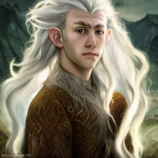 Image similar to a portrait of a handsome elven prince, white fringy hair, epic beautiful landscape, backlit, incredible lighting, strong rim light, subsurface scattering, highly detailed, god rays, digital painting, HDRI, by Heise Jinyao, Heise-Lian Yan Fang, Feimo, Richard Taddei, vivid colors, high contrast, 8k resolution, intricate, photorealistic, smooth