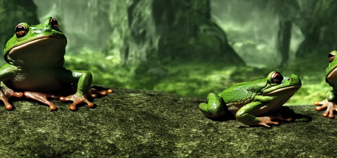 Image similar to lord of the rings with frogs, cinematic still, action shot, 8 k hdr