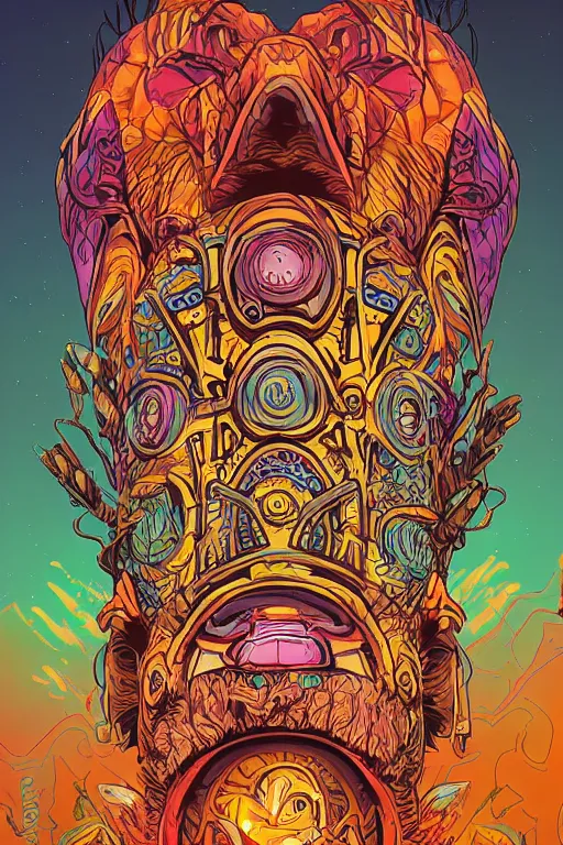 Image similar to totem animal tribal chaman vodoo mask feather gemstone plant wood rock video game illustration vivid color borderlands by josan gonzales and dan mumford radiating a glowing aura