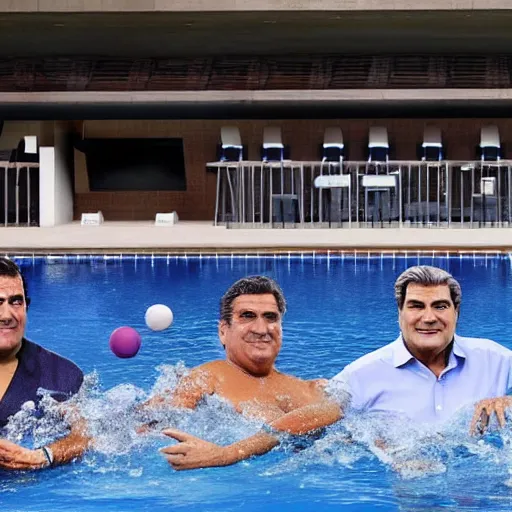 Image similar to florentino perez, laporta and tebas swimming in a pool full of money