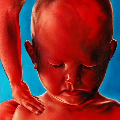 Prompt: cartel peeling off child's skin, hyper realistic, red mist spraying, tendons,