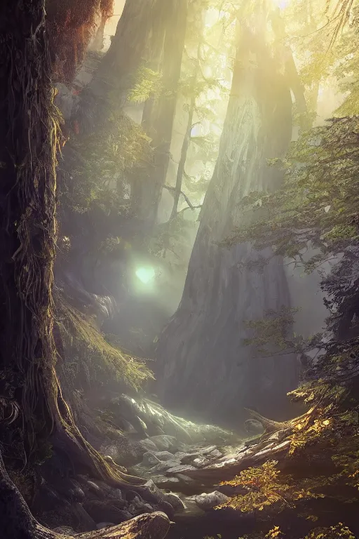 Image similar to In some of the column carved with Norse gods there is a huge glowing redwood, light filtering through the gaps in the leaves, Sparkling in the flowing creek, Tyndall effect, hone finished, concept art, fantasy, unreal engine, octane render, cinematic shot, 8K, hyper detailed, crepuscular ray, low angle, superwide shot, lunapunk