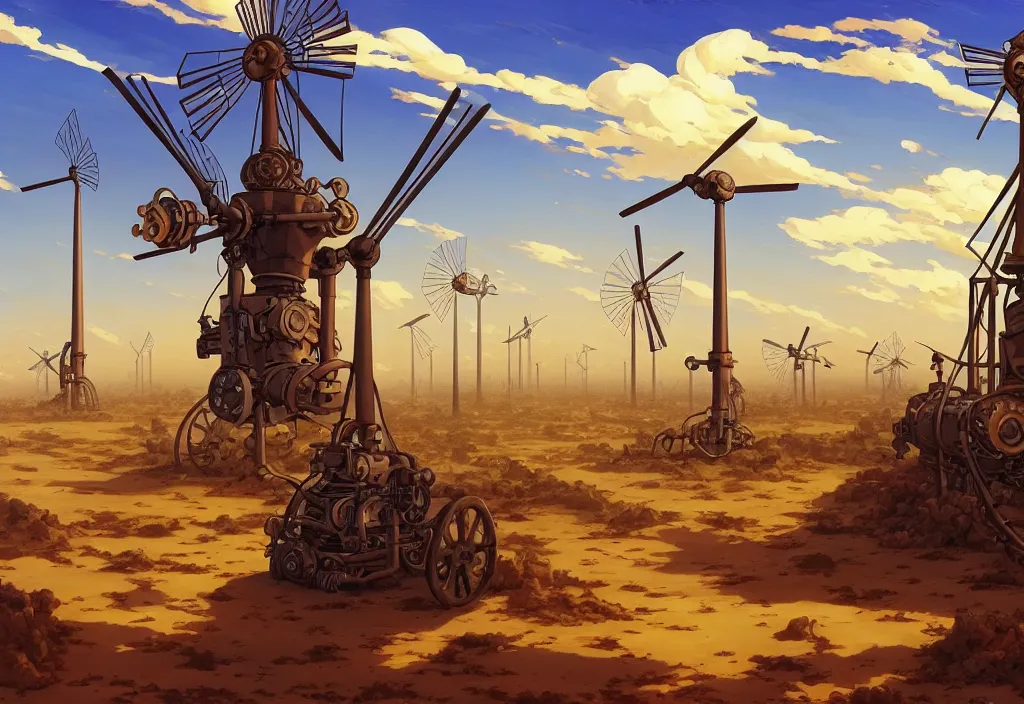 Image similar to steampunk windmills in the desert with chubby vines in the foreground, intricate oil painting, high detail illustration, sharp high detail, manga and anime 1 9 9 9, official fanart behance hd artstation by jesper ejsing and makoto shinkai, 4 k,