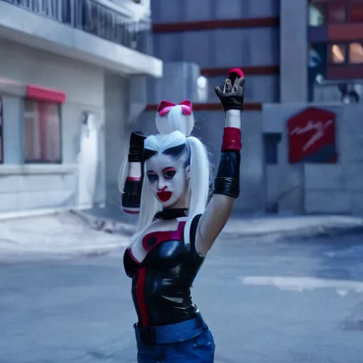 Image similar to Ariana Grande as real-life Harley Quinn, cinematic, Wide-shot, atmospheric lighting, directed by Ti West, extreme detail, 8K, movie still