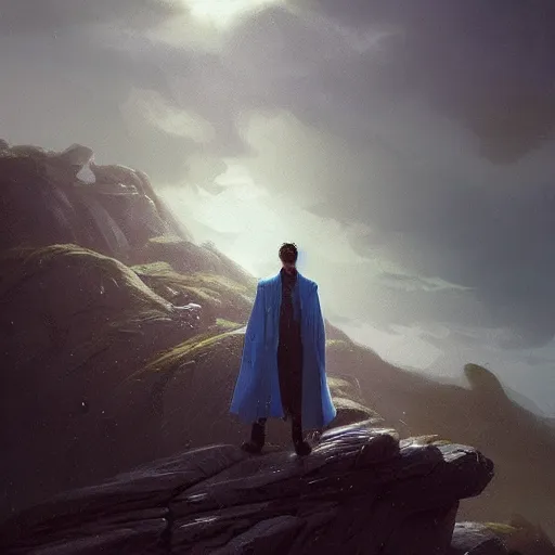 Prompt: a distant view of a young man with long wavy black hair and a long blue coat floating in the air very high up over rocky ground. he is glowing. fantasy painting by greg rutkowski.