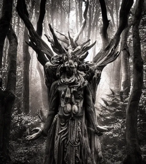 Prompt: mystical forest death god, film photo, grainy, high detail, high resolution