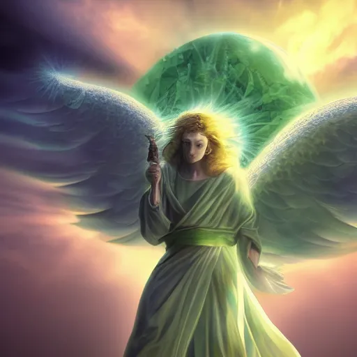 Prompt: angel ascending with four horseman of apocalypse, mintgreen colors only, divine, 4 k, sunlights, hd