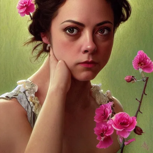 Image similar to pink petals with a ahape of a wonderful aubrey plaza and christina ricci and mila kunis and olivia newton john, intricate, elegant, highly detailed, wonderful eyes, sweet, digital painting, artstation, concept art, smooth, sharp focus, illustration, art by artgerm and greg rutkowski and alphonse mucha and william - adolphe bouguereau