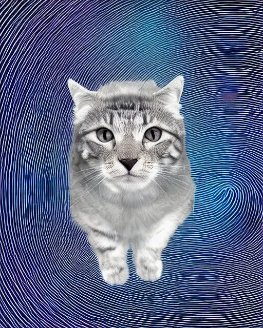 Image similar to highly detailed high resolution stacked plot of radio emissions from a pulsar, abstracted light refractions and stripy interference, making up a fluffy cat isolated on black, silk screen t-shirt design 4K