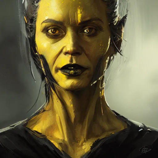 Image similar to portrait of a woman by greg rutkowski, a woman with yellow skin, black lips wearing black robes and a hodd, evil energy, star wars expanded universe, she is about 6 0 years old, highly detailed portrait, digital painting, artstation, concept art, smooth, sharp foccus ilustration, artstation hq