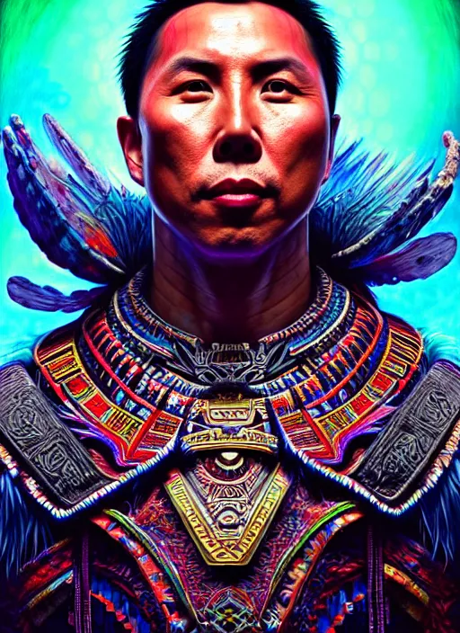 Image similar to portrait of donnie yen, hyper detailed ultra sharp aztec shaman warrior. trending on artstation, warpaint aesthetic, bloodwave, colorful, psychedelic, ornate, intricate, digital painting, concept art, smooth, sharp focus, illustration, art by artgerm and greg rutkowski and h. r. giger, 8 k