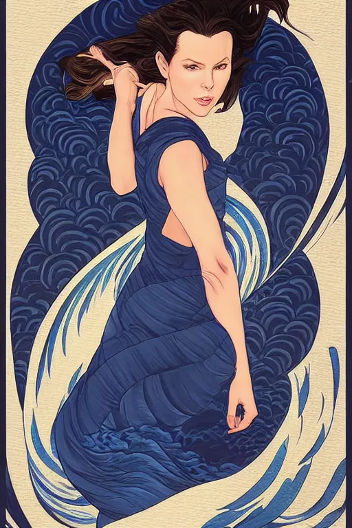 Image similar to kate beckinsdale as a heroine with a dress inspired by the great wave off kanagawa by Hokusai, digital painting, artstation, concept art, smooth, sharp focus, illustration, art by artgerm and donato giancola and Joseph Christian Leyendecker, Ross Tran, WLOP