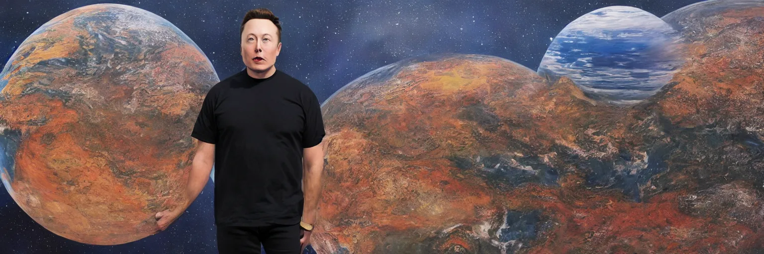 Image similar to an oil painting of hyper realistic landscape of the earth in 1 b years, with big elon musk head statue