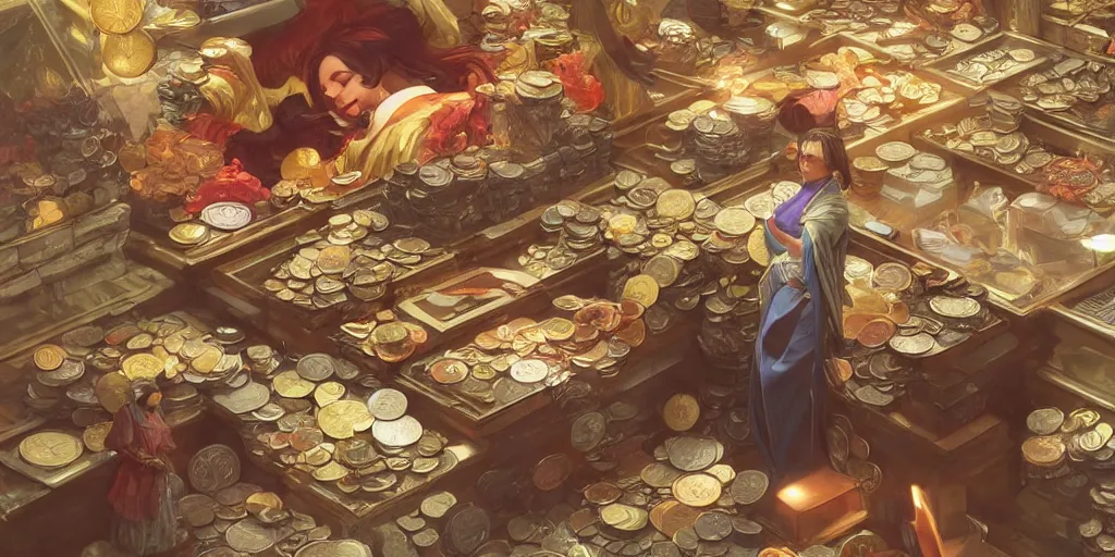 Image similar to modern coin shop with a lot of coins, 4 k, eastern tyle, geishas, octane, digital painting, artstation, concept art, sharp focus, illustration, art by artgerm and greg rutkowski and alphonse mucha
