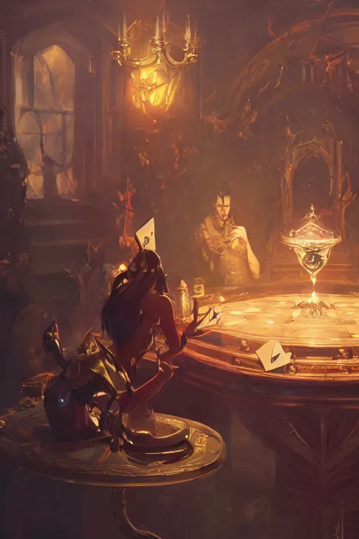 Image similar to the opulent magician casts spells and performs card tricks at the roundtable of millionaires, fantasy game art by Greg Rutkowski, fantasy RPG, by Ross Tran, concept art, 4k, artstation, cel-shaded, League of Legends inspired