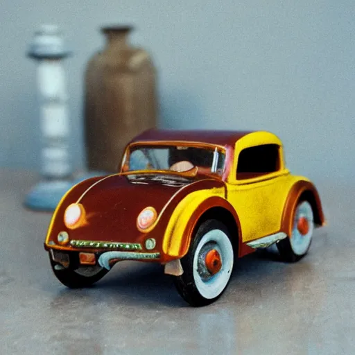 Prompt: photo of old Soviet steel toy car, 1930s, retro, 35 mm