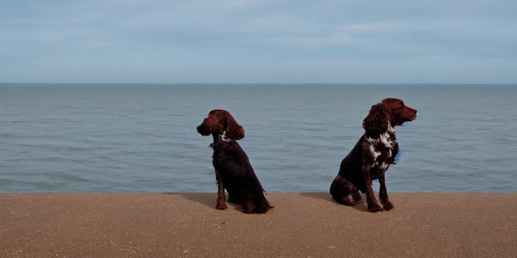 Prompt: brown and white sprocker spaniel overlook the seaside, there is a pier in the background, minimalist art, painting,modern, vibrant