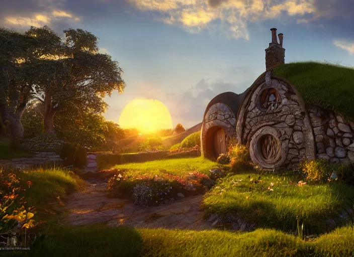 Image similar to sunrise, spring, hobbit's house, shire, hobbiton landscape by levitan, masterpiece, trending on artstation, cinematic composition, beautiful lighting, sharp, details, hyper - detailed, hd