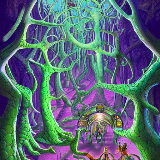 Image similar to dmt-machine-elves by artist-Nathan-Spoor, crawling across the circus floor, climbing up the winding trees