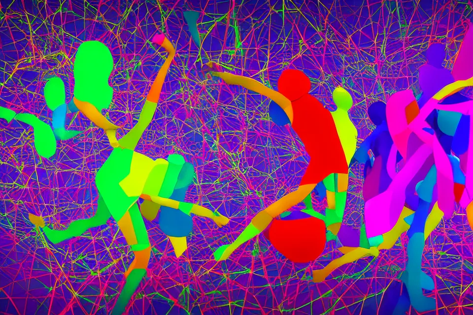 Image similar to a colorful, computer generated, abstract geometric intriguing render, abstract human figures dancing