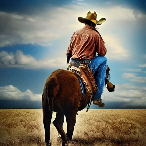 Image similar to a cowboy riding a giant cat, color, surreal