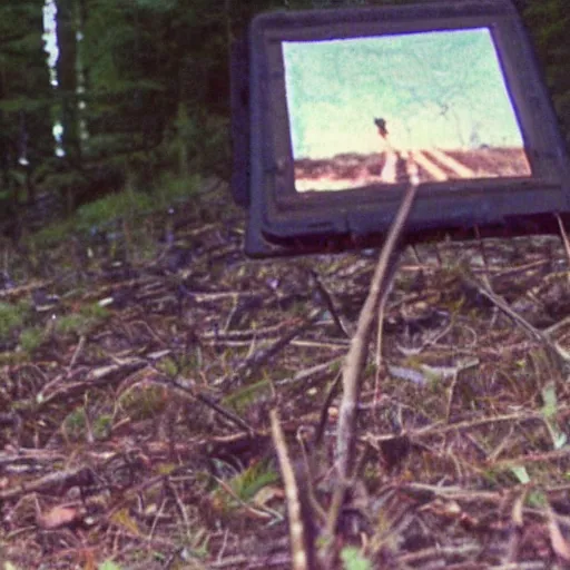 Prompt: a screen capture of found footage video left behind by a missing hiker in 1986