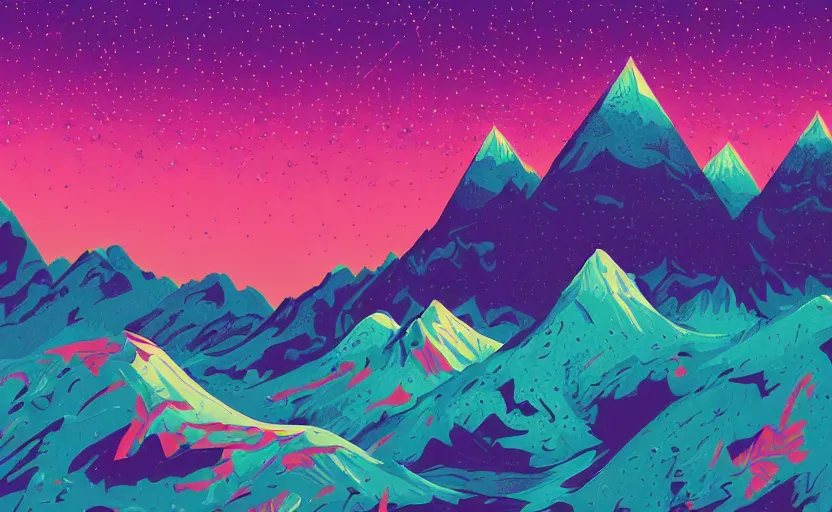 Image similar to mountains, stars and paisley filled sky, artstation, intricate, highly detailed, digital painting, concept art, sharp focus, illustration by Tom Whalen and Kilian Eng