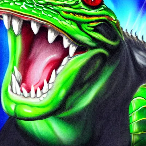 Image similar to president trump is a smiling laughing bright green lizard person, airbrush painting, epic scale, lens flare, glittering popsicle, hyper detailed, 8 k.