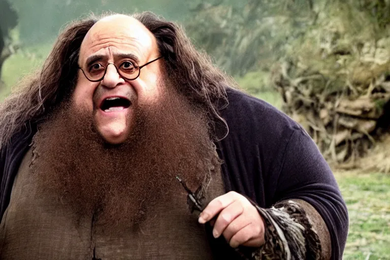 Image similar to film still Danny Devito as Rubeus Hagrid in Harry Potter movie