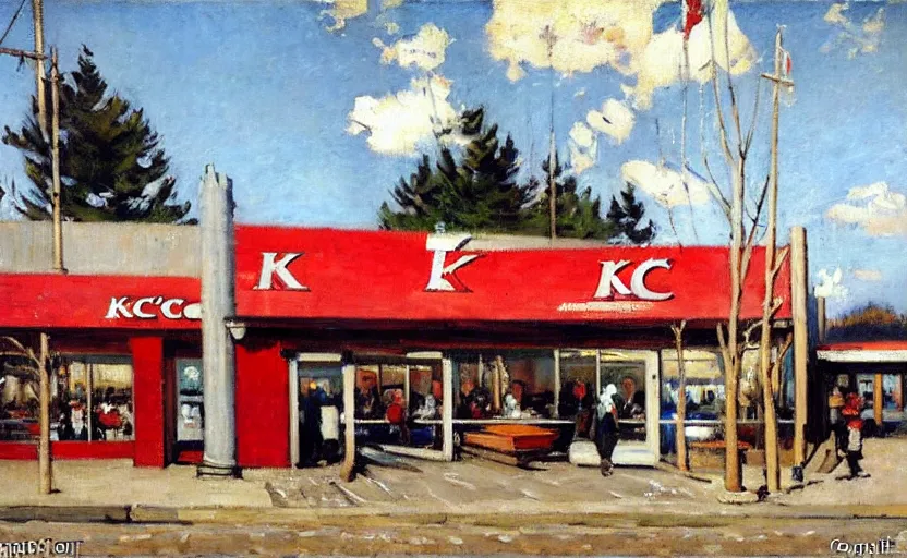 Image similar to exterior of a kfc, stanhope forbes, impressionist painting