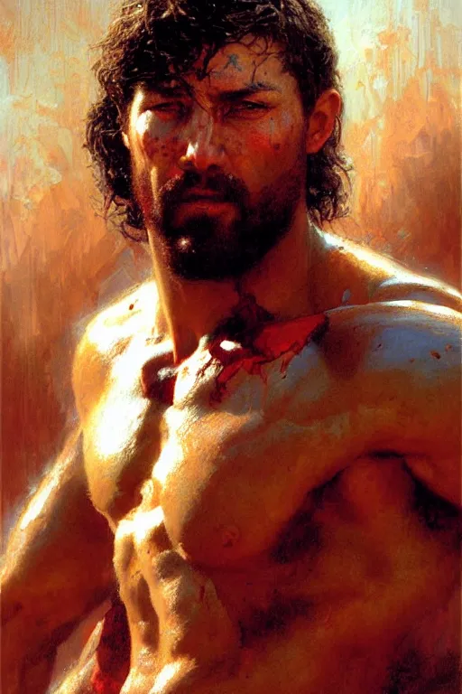 Prompt: Gladiator, blood, sweat, muscular, detailed face, correct face, painting by Gaston Bussiere, Craig Mullins