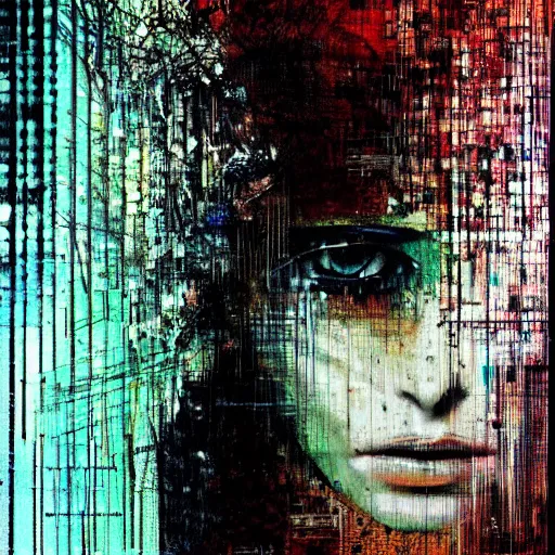 Image similar to portrait of a beautiful woman, crying, glitch effects over the eyes, shadows, by Guy Denning, by Johannes Itten, by Russ Mills, centered, glitch art, hacking effects, chromatic, cyberpunk, color blocking, oil on canvas, concept art, abstract