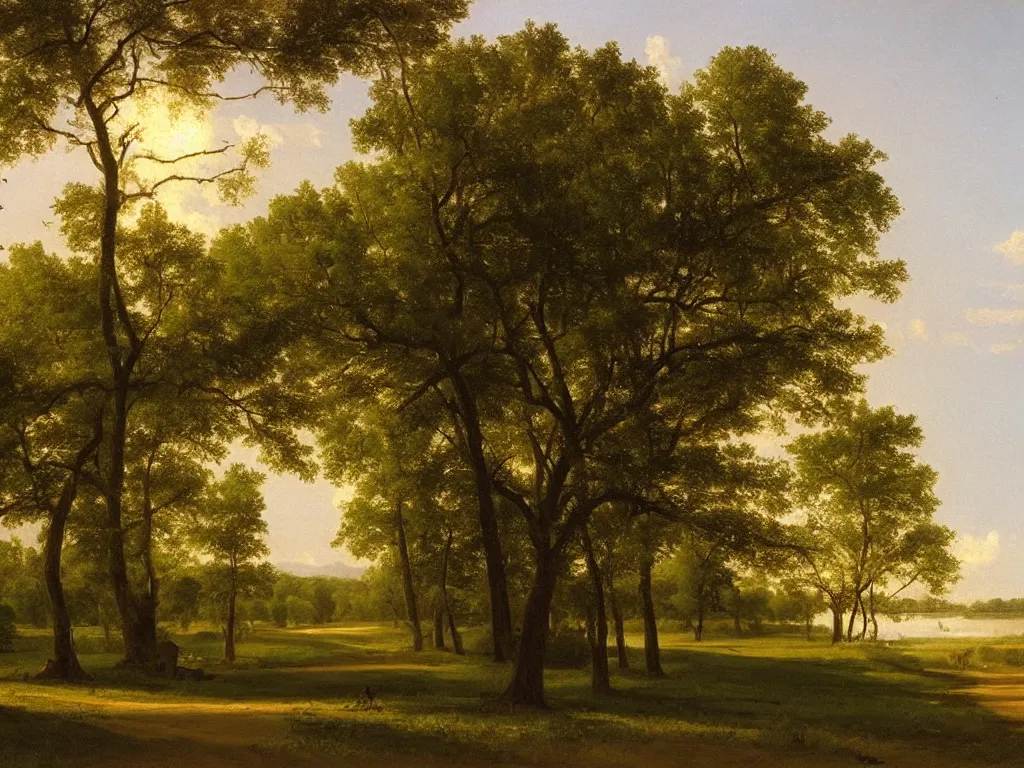 Prompt: a beautiful mississippi landscape, springtime morning, by george caleb bingham \, oil on canvas, luminism, hyperrealism