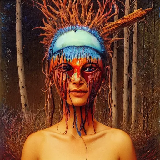 Image similar to A young blindfolded shaman woman with a decorated headband from which blood flows, blue hair and wood on her head. The background is a forest on fire, made by Esao Andrews and Karol Bak and Zdzislaw Beksinski