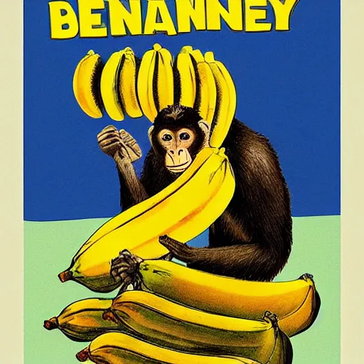 Image similar to propaganda poster of a monkey in front of a large pile of bananas, illustration, highly detailed