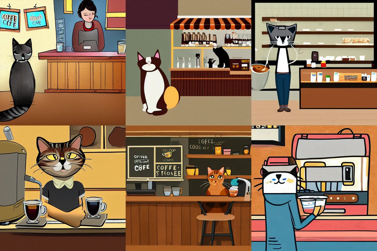 Prompt: a cat is working in a coffee shop, serving customers. digital art